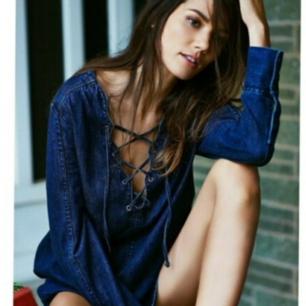 Free People Dark Blue Lace-Up Denim Long Sleeve Dress